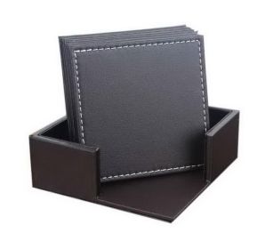 Set of 6 PU Leather Drink Coasters Table Mats With Holder Square Coasters, Brown