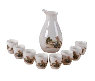 A Set Of 9 Japanese-Style Home Sake Glasses And Sake Jugs,C3