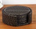 Set of 6 Table Coasters With Holder Round Black Leather With Gold Flower Pattern