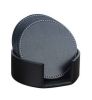 Set of 6 PU Leather Drink Coasters Table Mat With Holder Round Black Solid Color