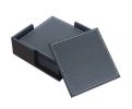 Set of 6 PU Leather Drink Coasters Table Mats With Holder Square Coasters, Black