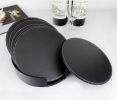 Set of 6 PU Leather Drink Coasters Table Mats With Holder Round Mat Coffee Color