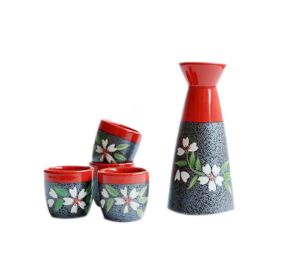 Set of 5 Japanese Hand-painted Cherry Blossoms Cup Winebowl Set, Red
