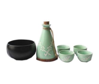 Set of 6 Japanese Style Wide Bottom Cup Sake Pot Winebowl Set, Green