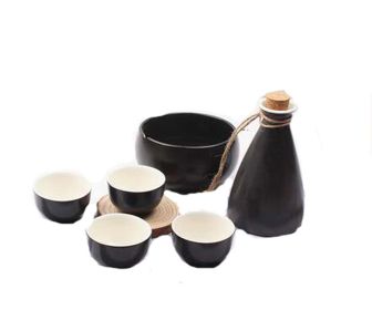 Set of 6 Japanese Style Wide Bottom Cup Sake Pot Winebowl Set, All Black