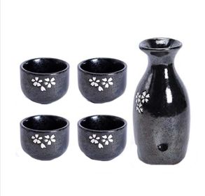 Set of 5 Japanese Style Wide Shape Cup Sake Pot Winebowl Set, Black Cherry