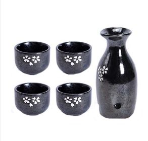 Set of 5 Japanese Style Wide Shape Cup Sake Pot Winebowl Set, Black Cherry