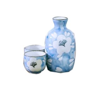 Set of 5 Japanese Style Wide Shape Cup Sake Pot Winebowl Set, Blue Flowers