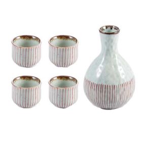Set of 5 Japanese Style Wide Shape Cup Sake Pot Winebowl Set, Red Stripes
