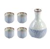 Set of 5 Japanese Style Wide Shape Cup Sake Pot Winebowl Set, Blue Stripes