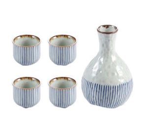 Set of 5 Japanese Style Wide Shape Cup Sake Pot Winebowl Set, Blue Stripes
