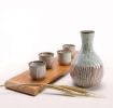 Set of 5 Japanese Style Wide Shape Cup Sake Pot Winebowl Set, Blue Stripes