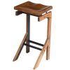 29 Inch Metal Frame Acacia Wood Bar Stool with Saddle Seat, Brown and Black